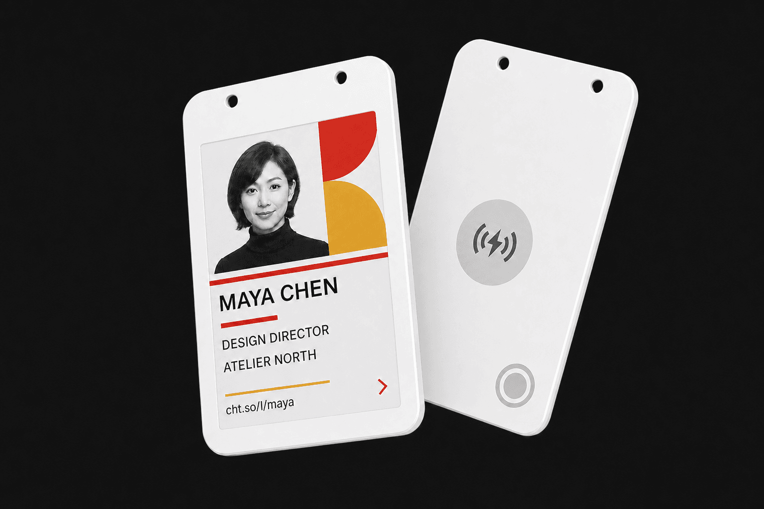 Three-dimensional front and back render of a white four-color E-Ink smart contact badge