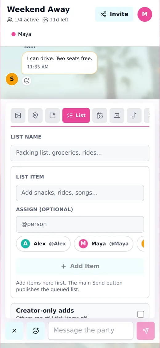 cht.so room showing shared event chat and media tools