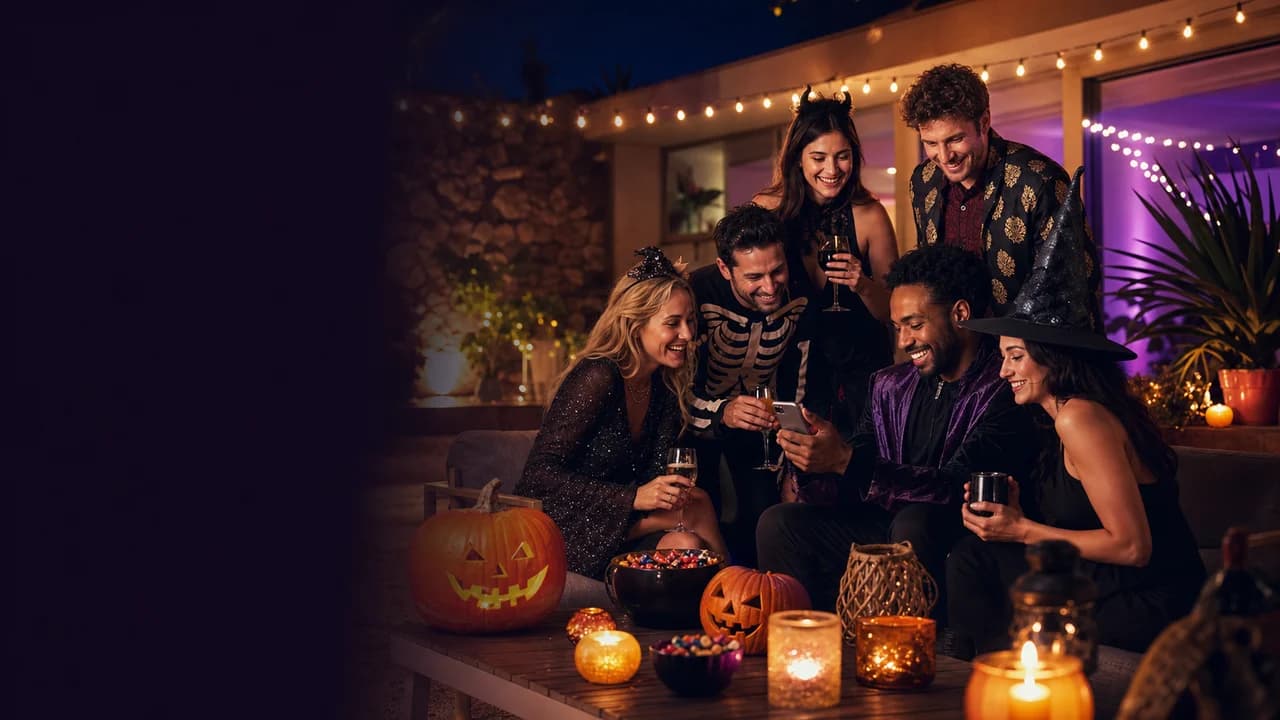 Friends planning and enjoying a stylish Halloween party together