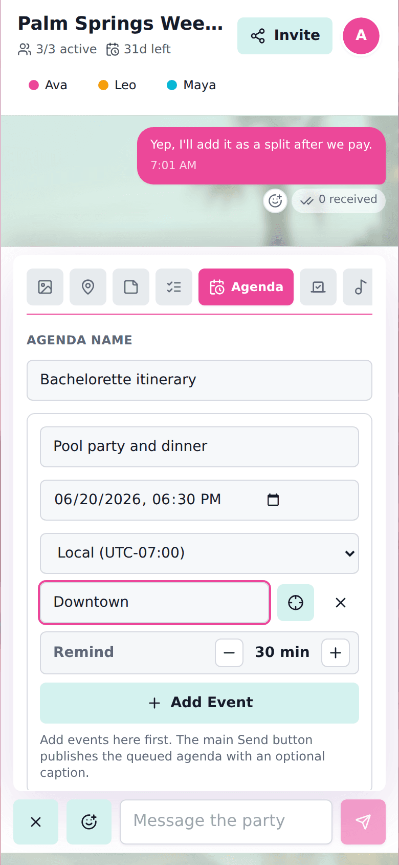 cht.so bachelorette weekend planner showing a detailed itinerary