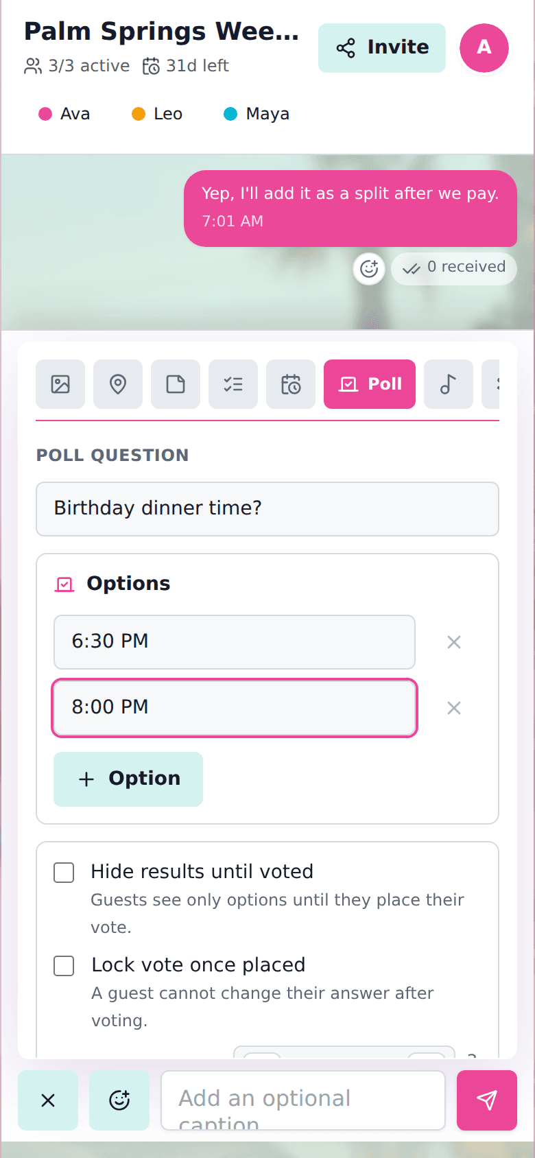 cht.so birthday party planner showing a poll for choosing the celebration plan