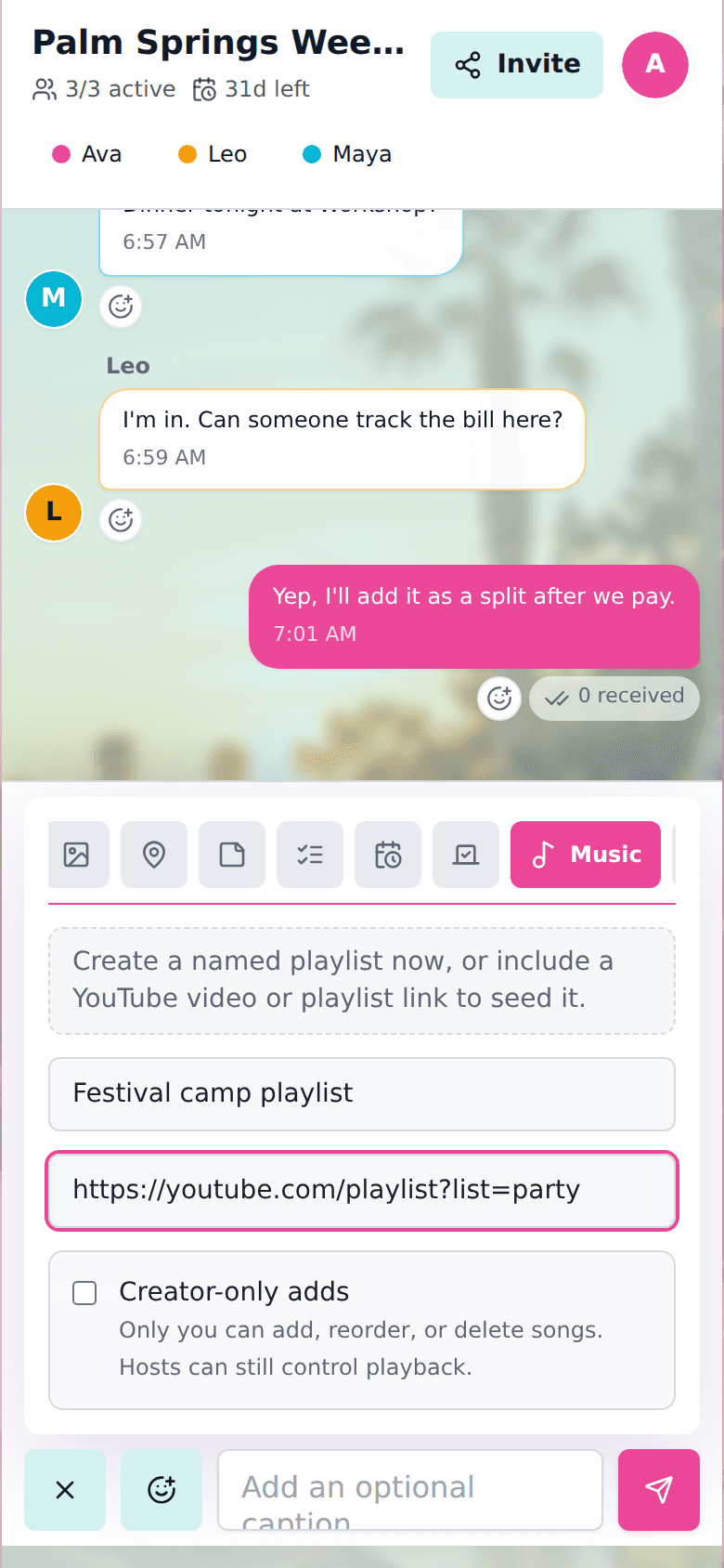 cht.so festival group planner showing a music queue composer