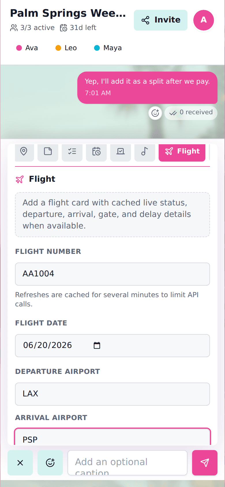 cht.so travel planner room showing a flight detail card
