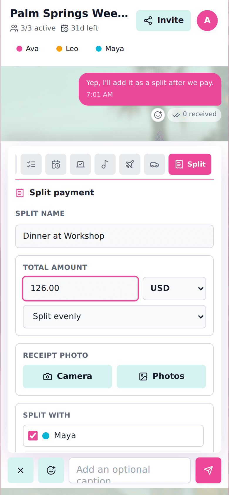 cht.so group expense splitter showing receipt details and participant selection