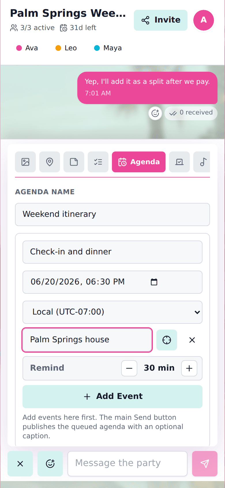 cht.so group trip planner room showing a shared Palm Springs itinerary