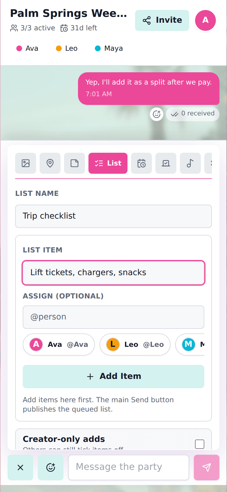 cht.so shared checklist for group trip showing assigned packing and planning items