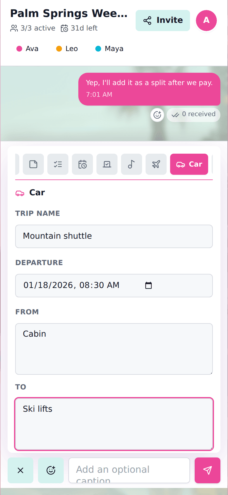 cht.so ski trip planner showing a carpool card for mountain pickups