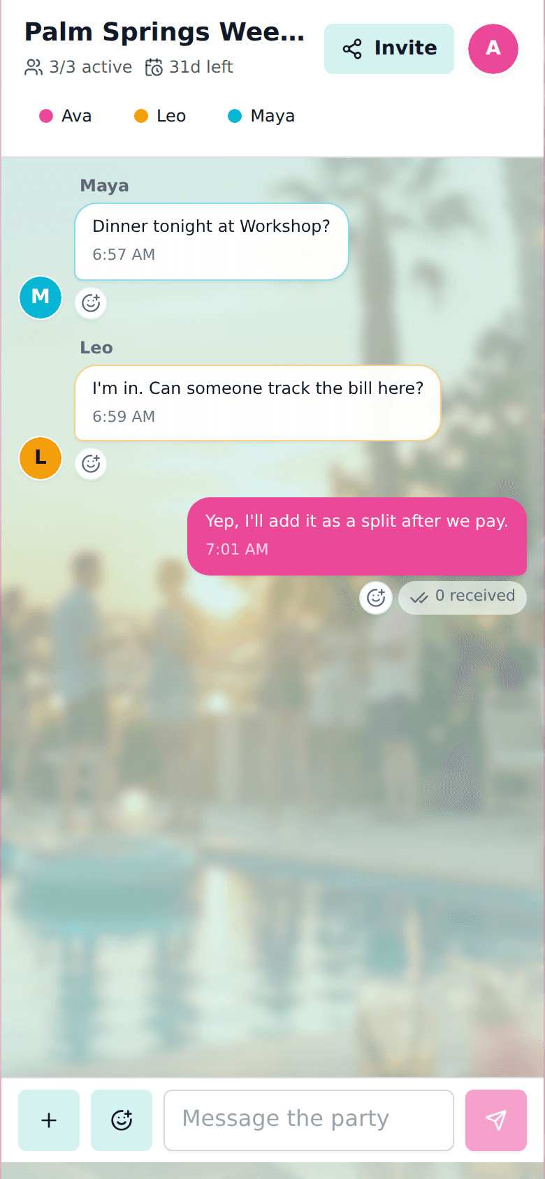 cht.so group chat showing messages and planning updates
