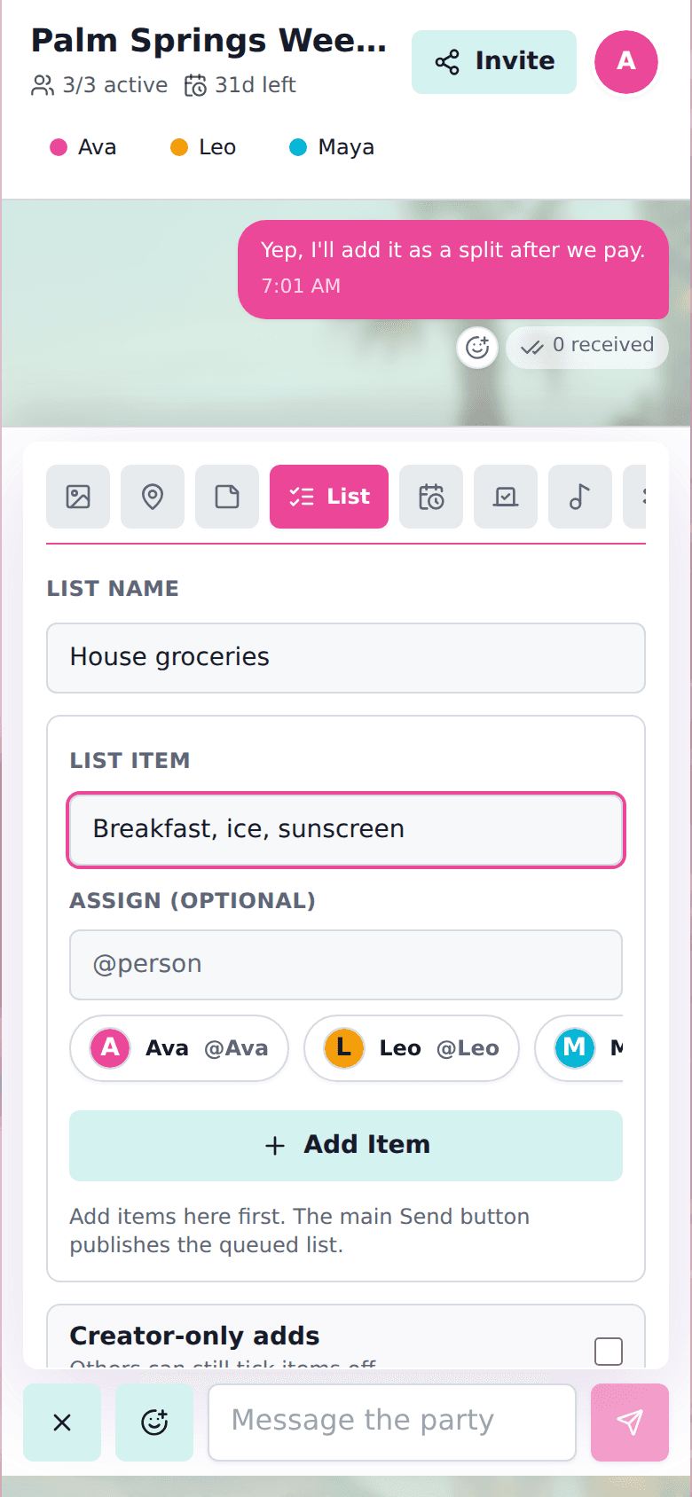 cht.so weekend away planner room showing a shared grocery and essentials checklist