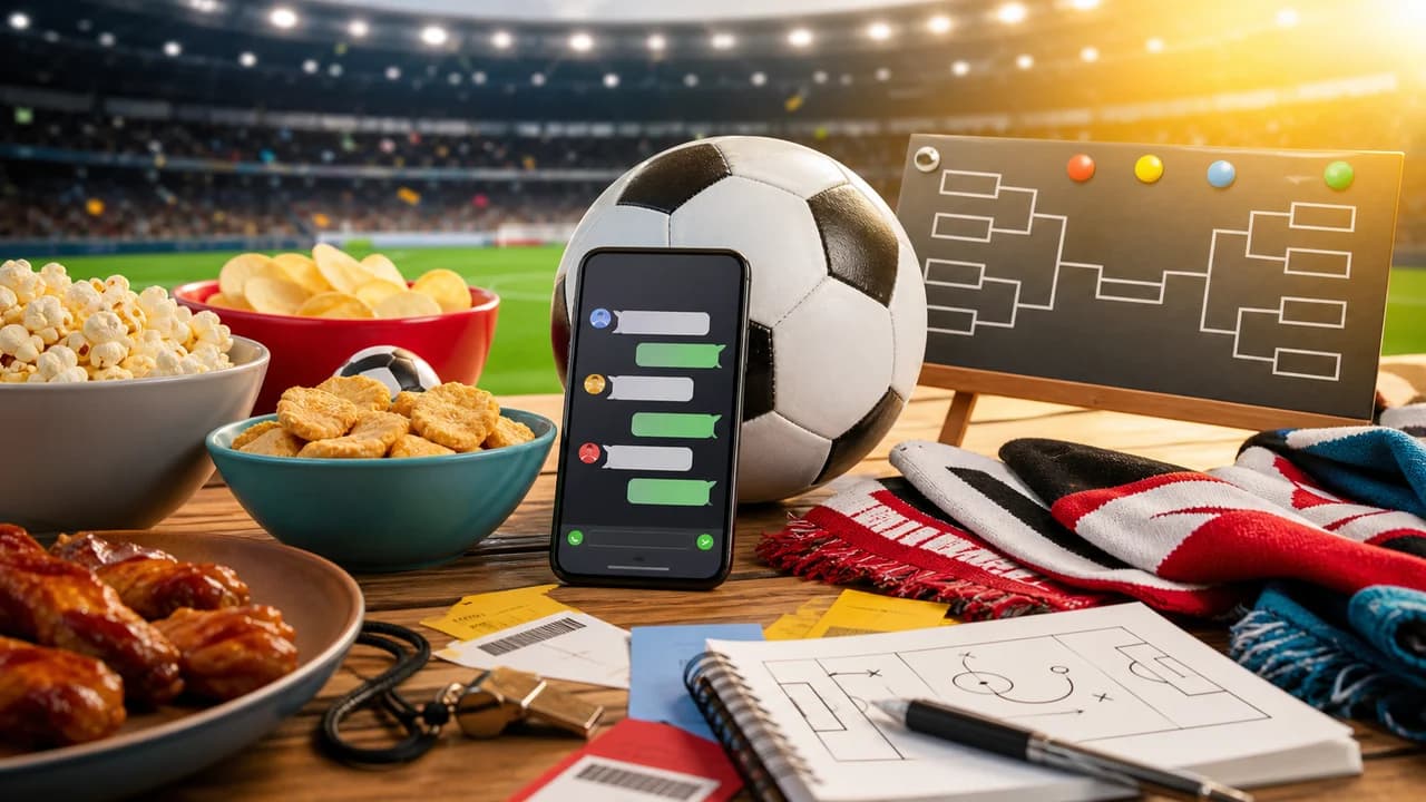Soccer watch party planning scene with snacks, chat, and a bracket board